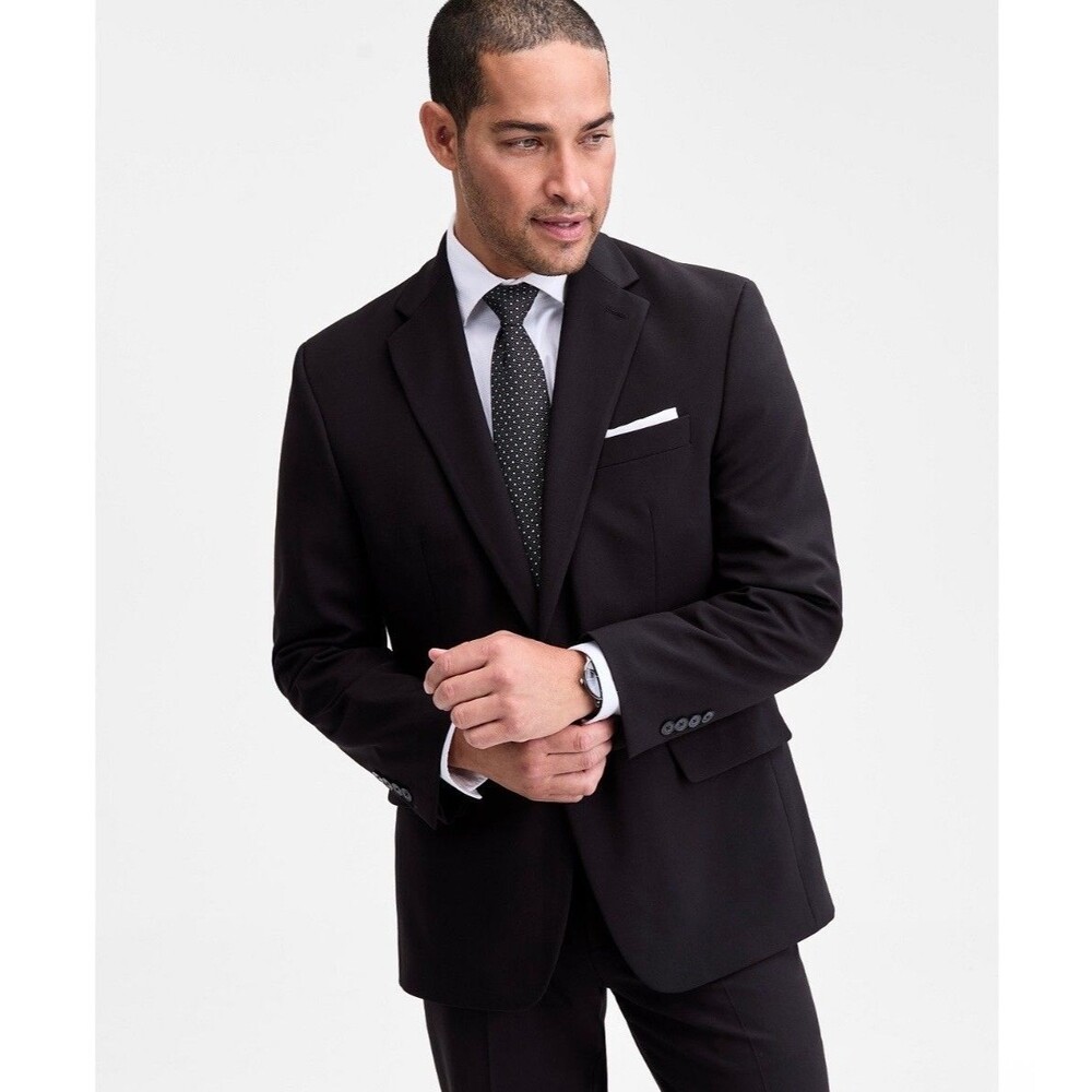 $495 NEW TALLIA Mens 46R Solid Black Classic 2 Piece Suit With Dress Pants 36x30